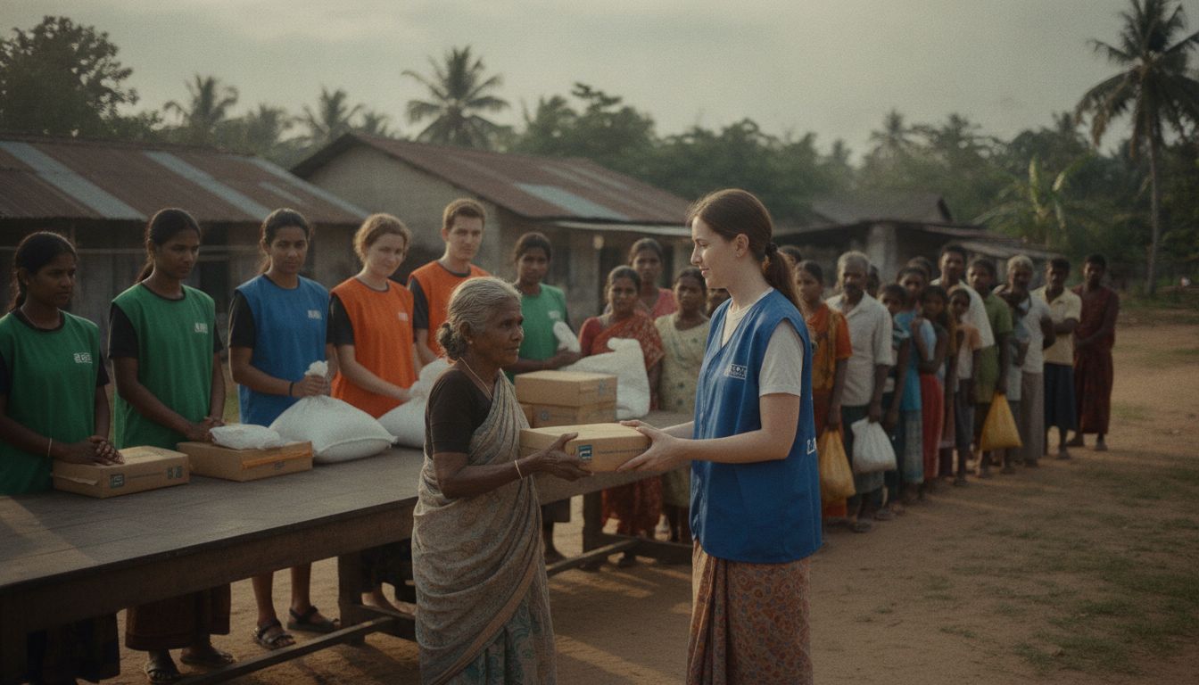 Volunteers distributing relief parcels to villagers