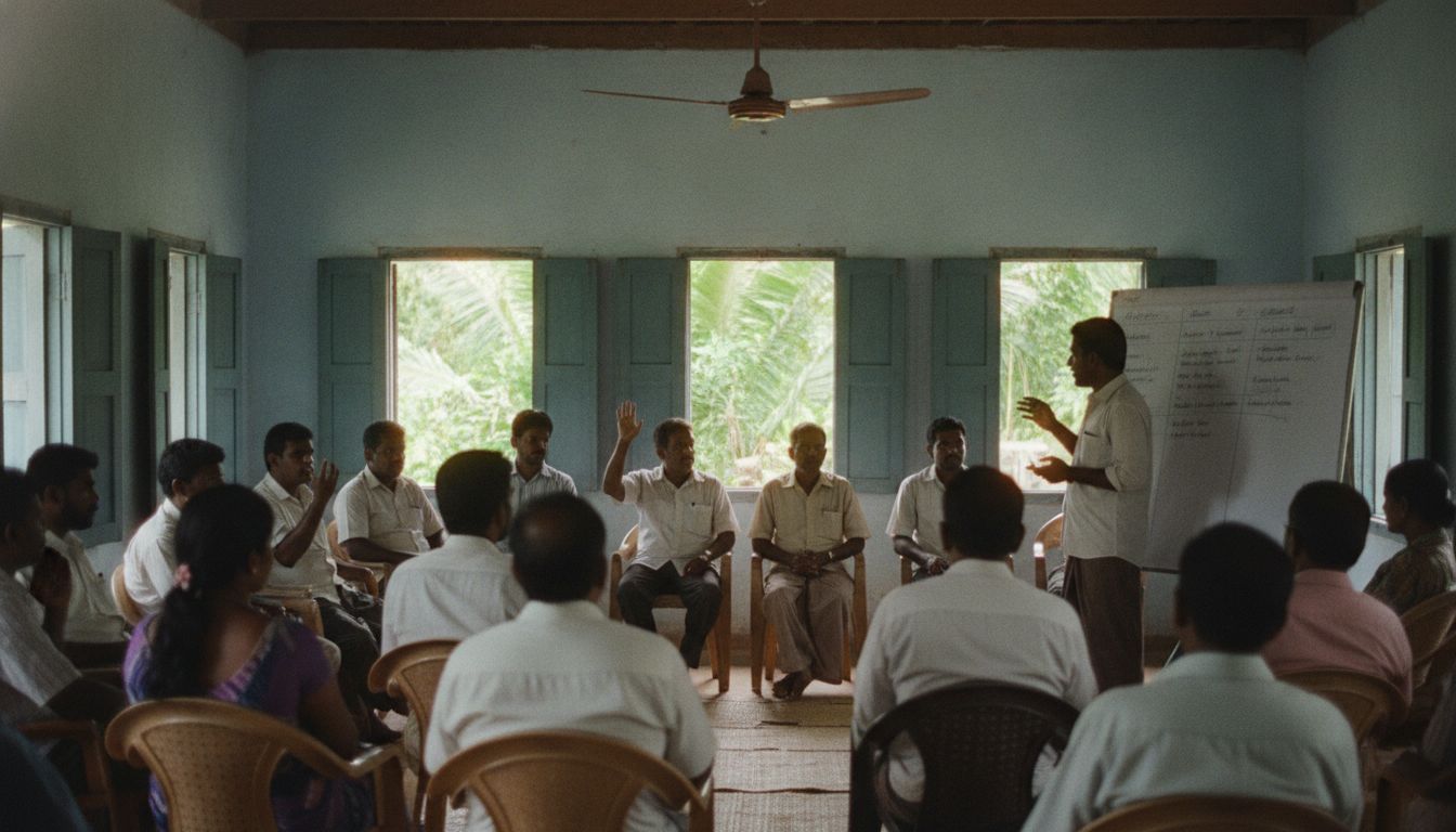 Community dialogue meeting in a village hall